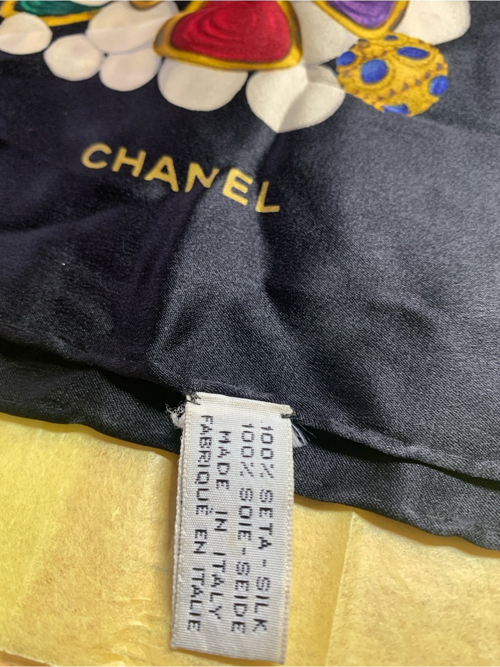 CHANEL Black Silk Scarf with Gold Chain and Gem Motifs - Picture 6 of 16